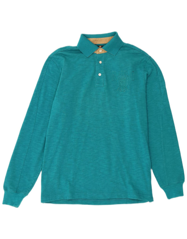 Marina Militare Mens Long Sleeve Polo Shirt Large Turquoise Flecked Cotton