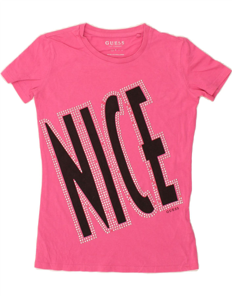 GUESS Womens Nice Graphic T-Shirt Top UK 10 Small Pink Cotton Vintage Guess and Second-Hand Guess from Messina Hembry 