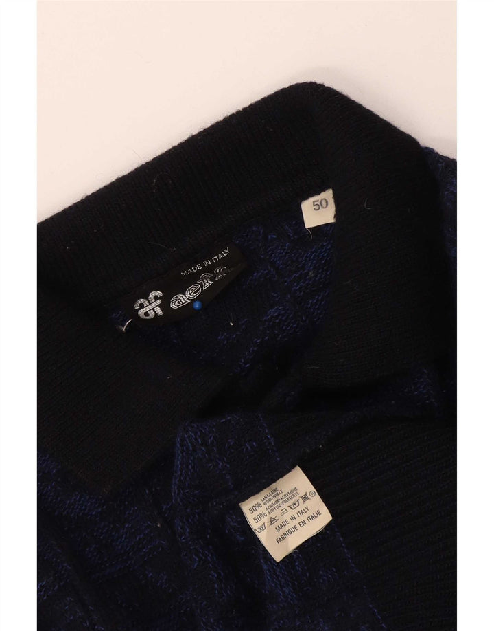 Aeffe Mens Polo Neck Jumper Sweater IT 50 Medium Navy Blue Geometric Wool