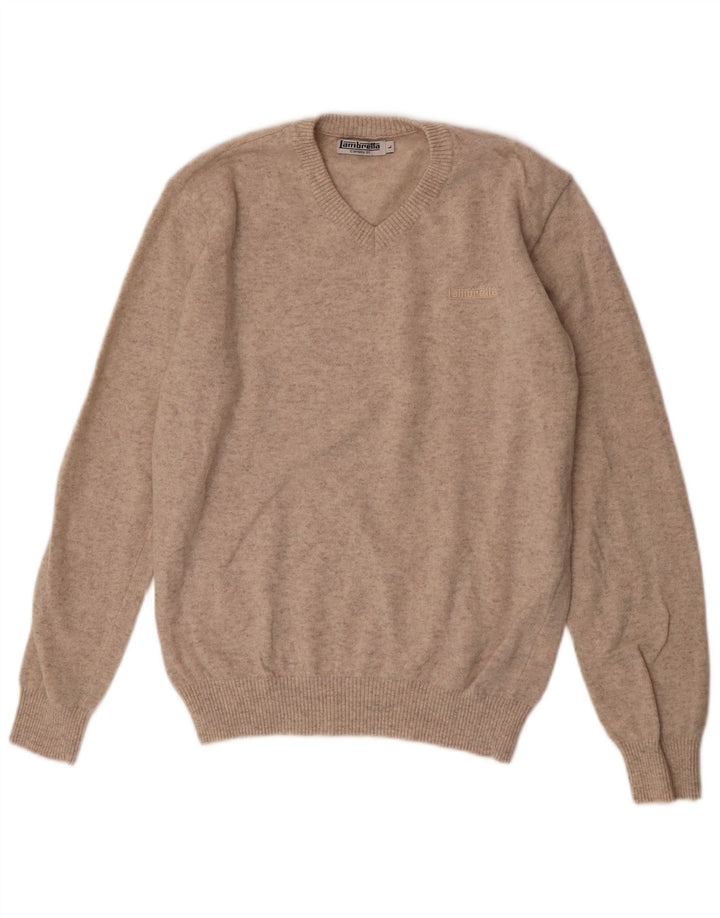 Lambretta Mens V-Neck Jumper Sweater Large Beige Lambswool