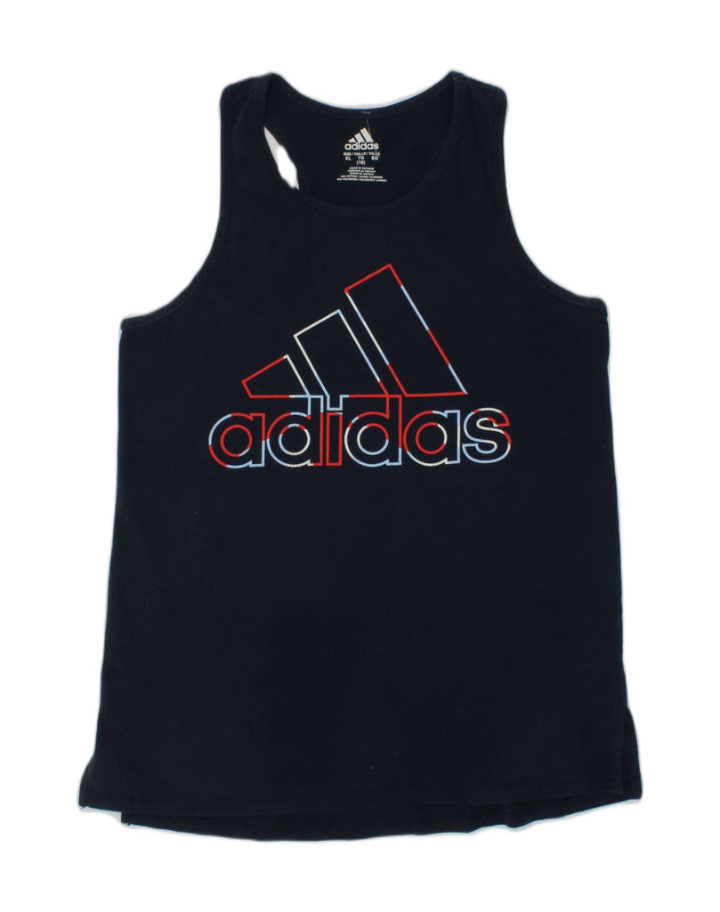 ADIDAS Girls Graphic Vest Top 15-16 Years Navy Blue Cotton | Vintage Adidas | Thrift | Second-Hand Adidas | Used Clothing | Messina Hembry 