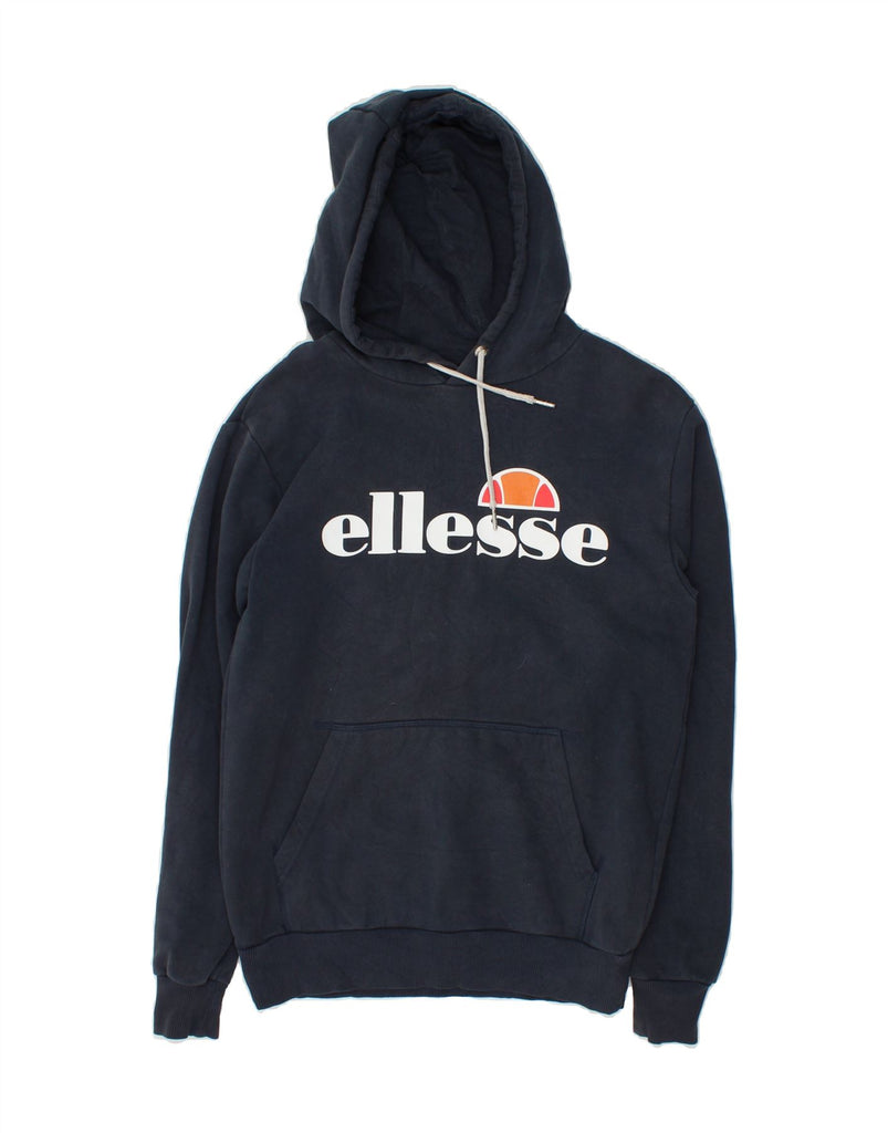 ELLESSE Womens Loose Fit Graphic Hoodie Jumper UK 10 Small Navy Blue | Vintage Ellesse | Thrift | Second-Hand Ellesse | Used Clothing | Messina Hembry 