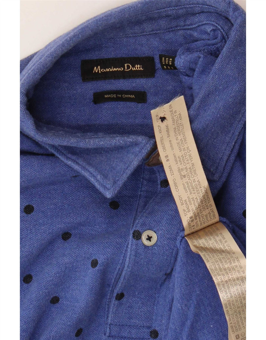 Massimo Dutti Mens Polo Shirt Medium Blue Spotted Cotton