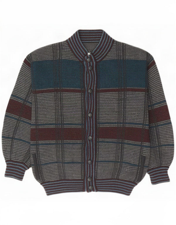 Vintage Mens Cardigan Sweater Large Grey Plaid Wool