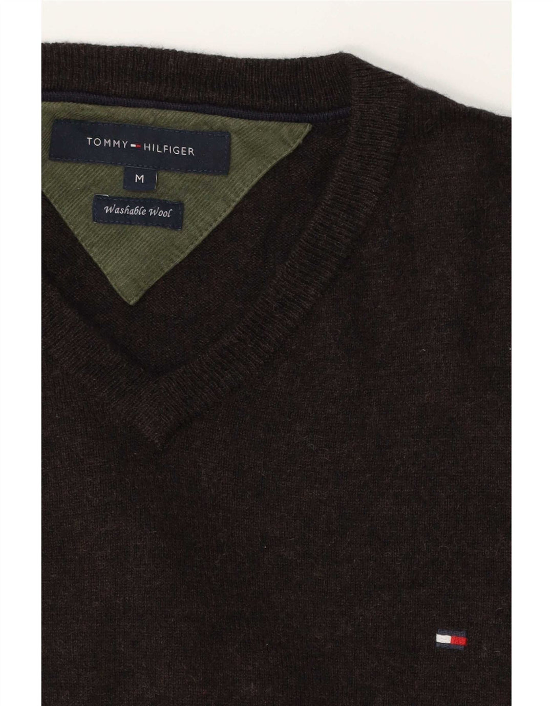 Tommy Hilfiger Mens V-Neck Jumper Sweater Medium Brown Wool