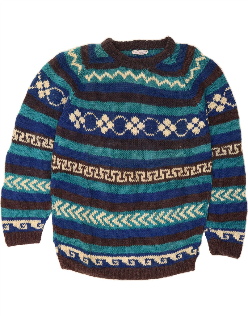 VINTAGE Mens Crew Neck Jumper Sweater Medium Blue Fair Isle Wool Vintage Vintage and Second-Hand Vintage from Messina Hembry 