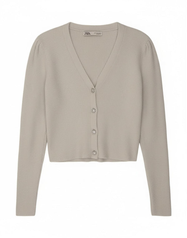 Zara Womens Crop Cardigan Sweater UK 14 Large Off White Nylon