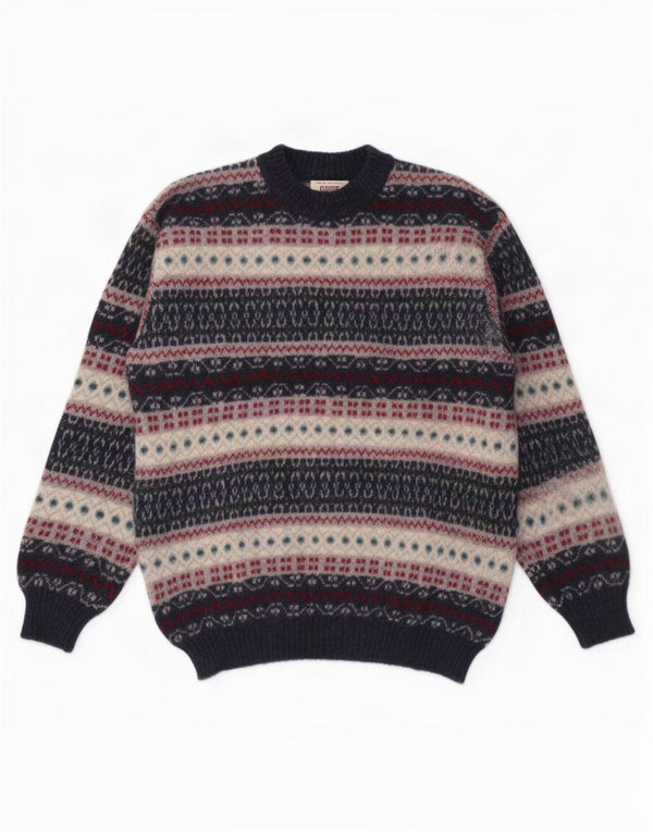 Sisley Mens Crew Neck Jumper Sweater Large Navy Blue Fair Isle