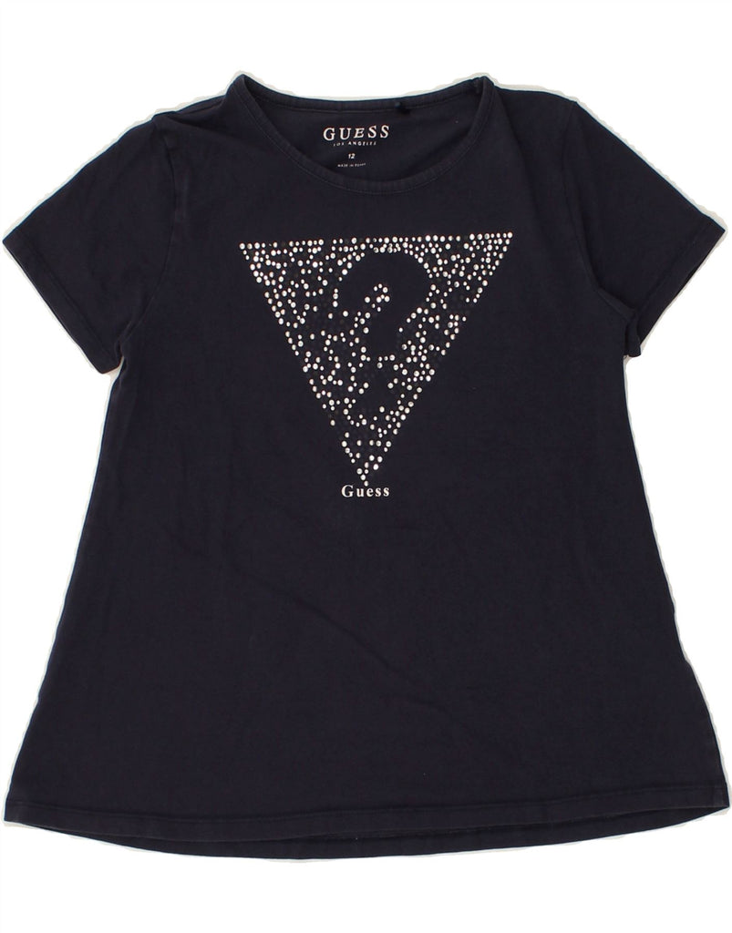 GUESS Girls Graphic T-Shirt Top 11-12 Years Navy Blue Cotton | Vintage Guess | Thrift | Second-Hand Guess | Used Clothing | Messina Hembry 