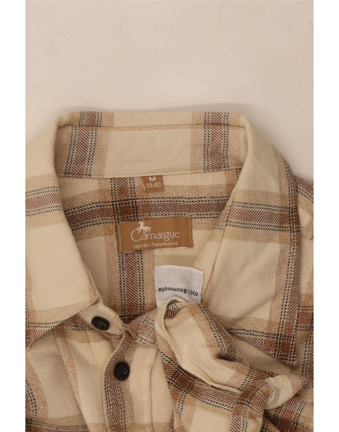 CAMARGUE Mens Flannel Shirt Size 39/40 Medium Beige Check Cotton