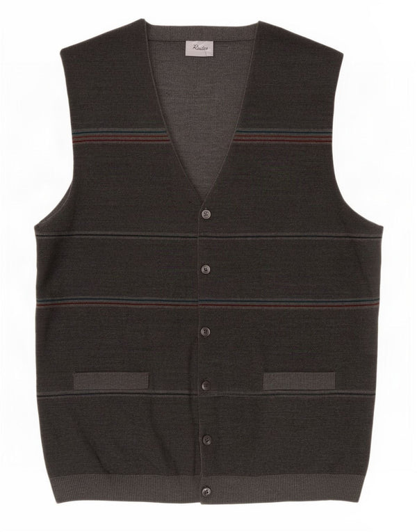 Rodes Mens Sleeveless Cardigan Sweater 4XL Grey Striped Wool