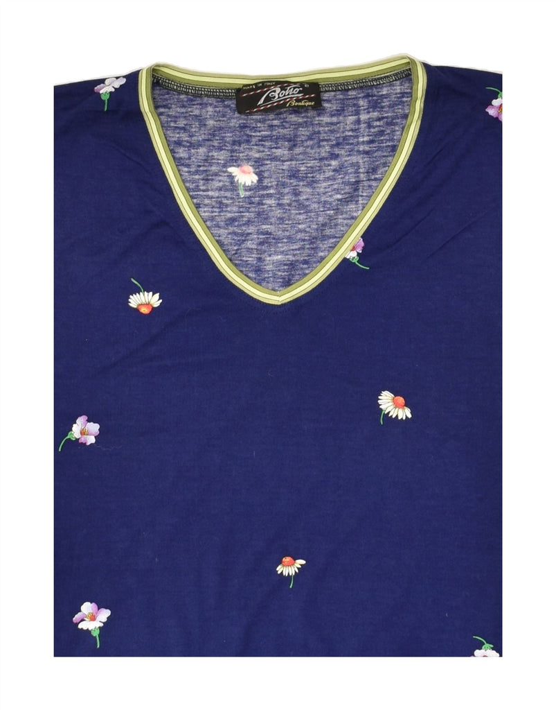 VINTAGE Womens T-Shirt Top UK 14 Large Navy Blue Floral | Vintage Vintage | Thrift | Second-Hand Vintage | Used Clothing | Messina Hembry 