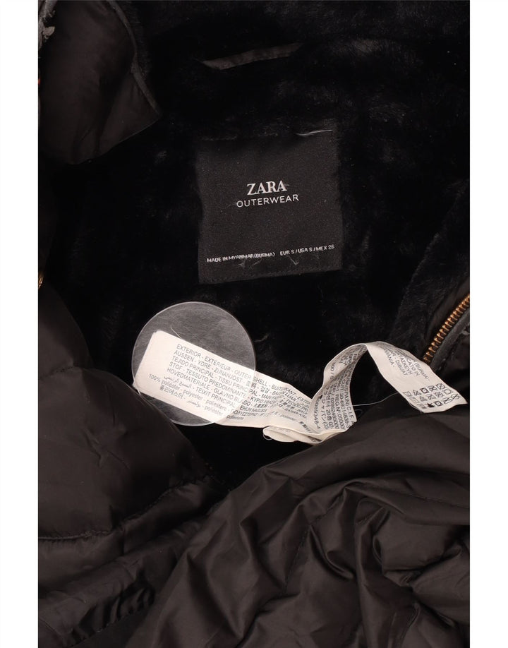 Zara Womens Hooded Sherpa Padded Jacket UK 10 Small Black Polyester