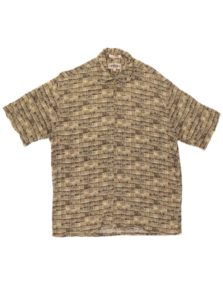 Vintage Mens Short Sleeve Shirt Large Beige Striped Rayon
