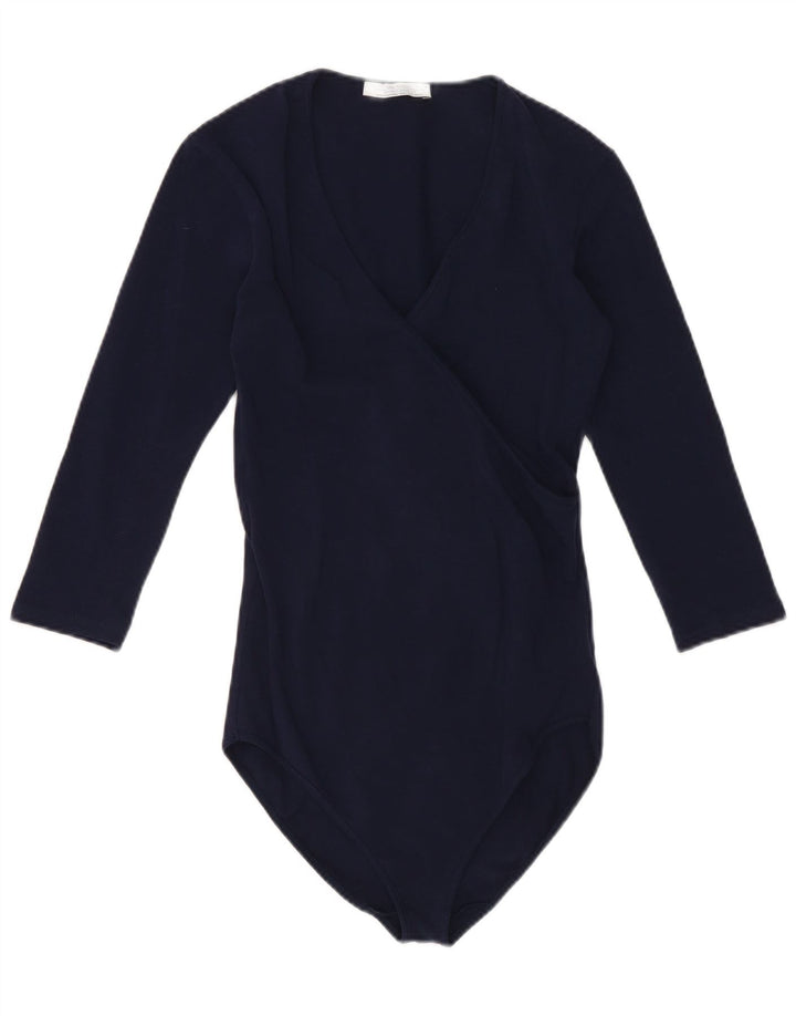 Zara Womens 3/4 Sleeve Bodysuit UK 8 Small Navy Blue Cotton