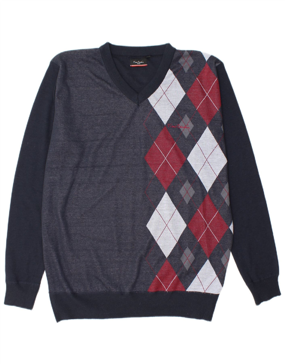 Pierre Cardin Mens V-Neck Jumper Sweater Large Navy Blue Argyle/Diamond