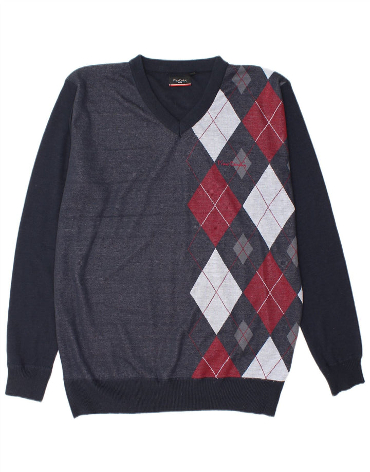 Pierre Cardin Mens V-Neck Jumper Sweater Large Navy Blue Argyle/Diamond