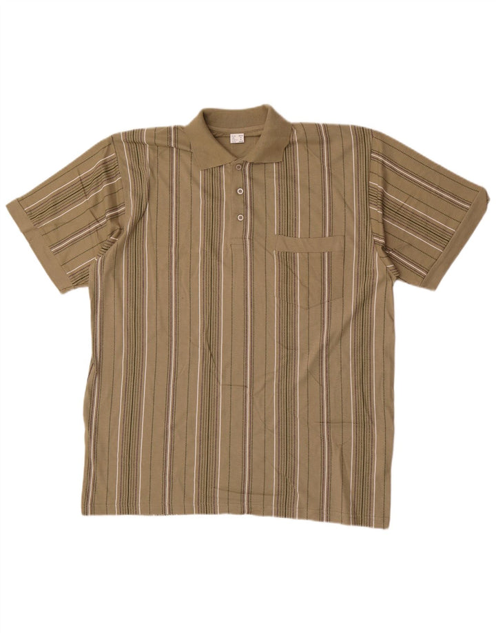 Vintage Mens Polo Shirt Medium Khaki Striped Cotton