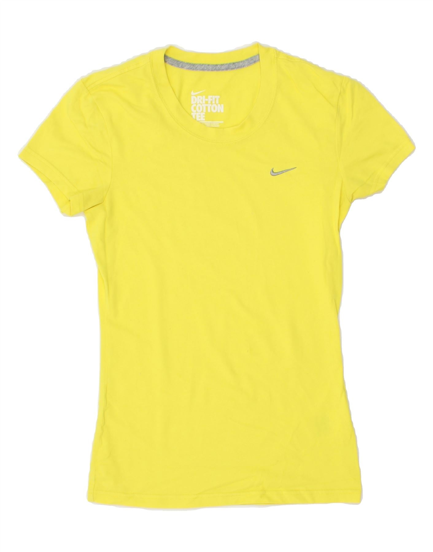 NIKE Womens Dri Fit T Shirt Top UK 6 XS Yellow Cotton Vintage Second Hand Clothing Online Messina Hembry