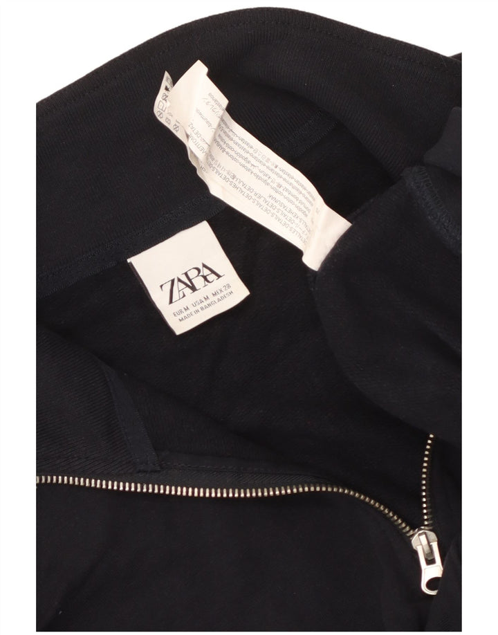 Zara Womens Zip Neck Sweatshirt Jumper UK 14 Medium Navy Blue Cotton