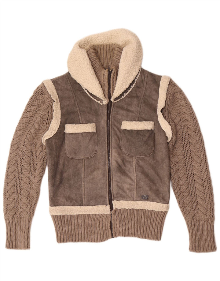 Gaudi Womens Knit Sherpa Bomber Jacket IT 46 Large Grey Polyester