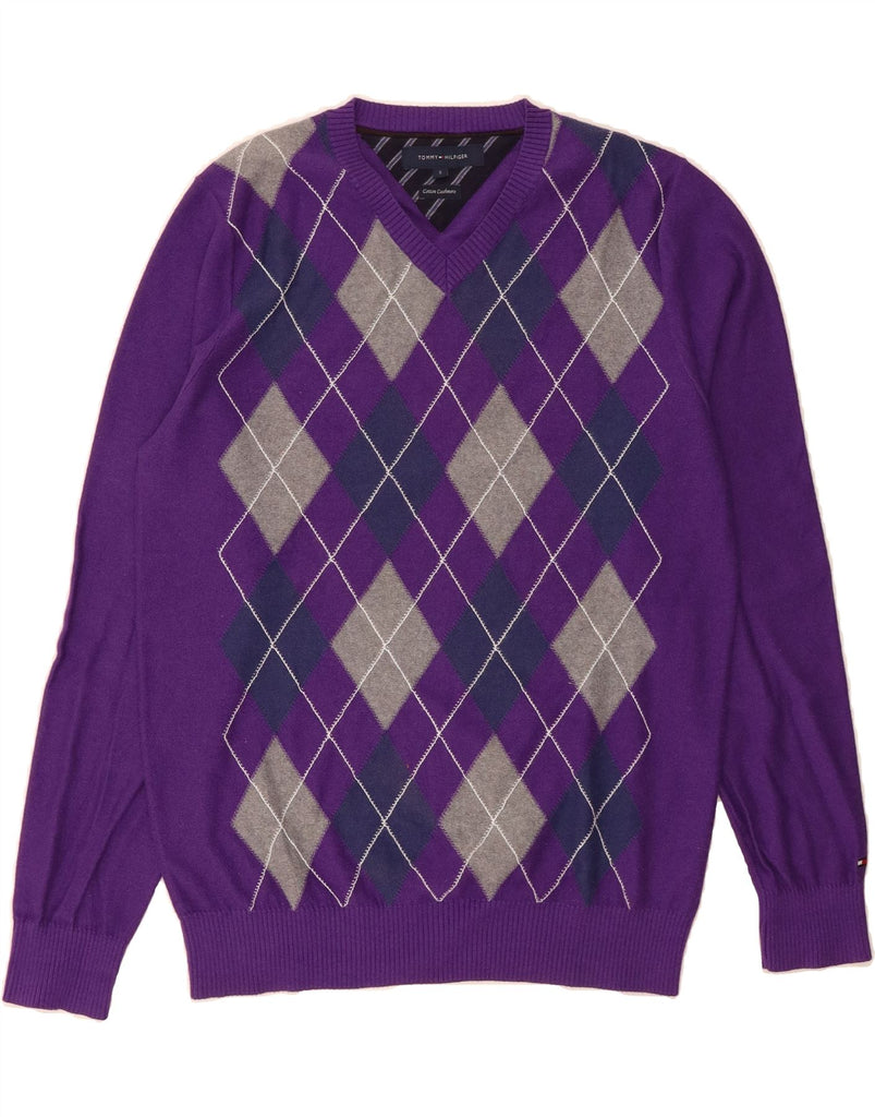 TOMMY HILFIGER Mens V-Neck Jumper Sweater Small Purple Argyle/Diamond Vintage Tommy Hilfiger and Second-Hand Tommy Hilfiger from Messina Hembry 