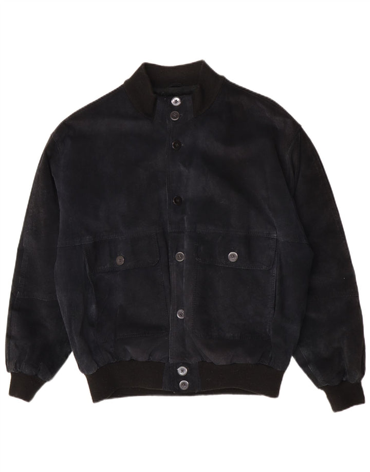 John Monroe Mens Loose Fit Suede Bomber Jacket UK 36 Small Navy Blue