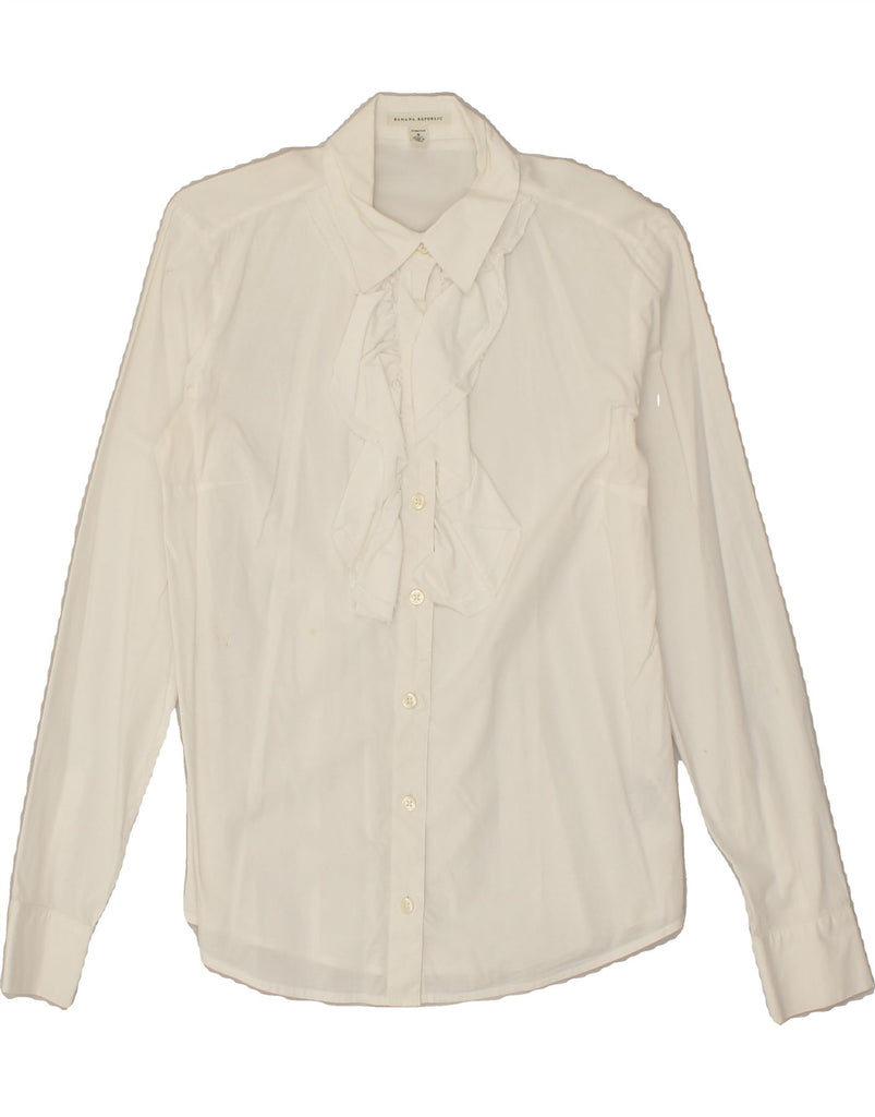 BANANA REPUBLIC Womens Ruffle Front Shirt US 8 Medium Off White Cotton | Vintage Banana Republic | Thrift | Second-Hand Banana Republic | Used Clothing | Messina Hembry 