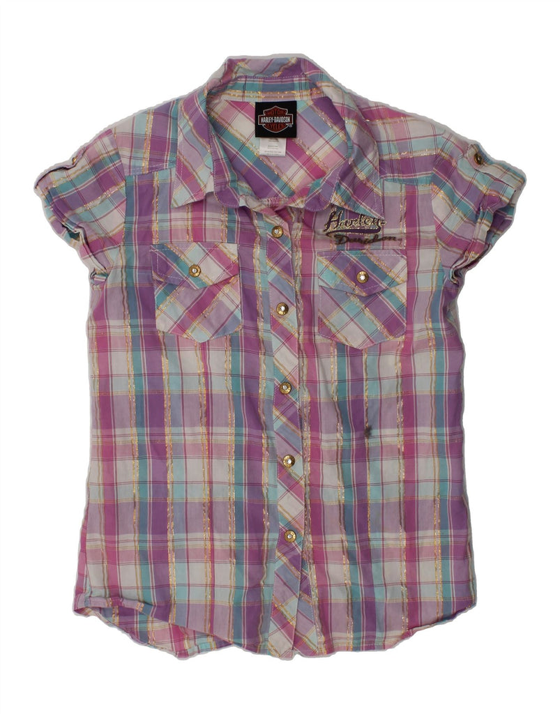 HARLEY DAVIDSON Girls Short Sleeve Shirt 7-8 Years Pink Check Cotton | Vintage Harley Davidson | Thrift | Second-Hand Harley Davidson | Used Clothing | Messina Hembry 