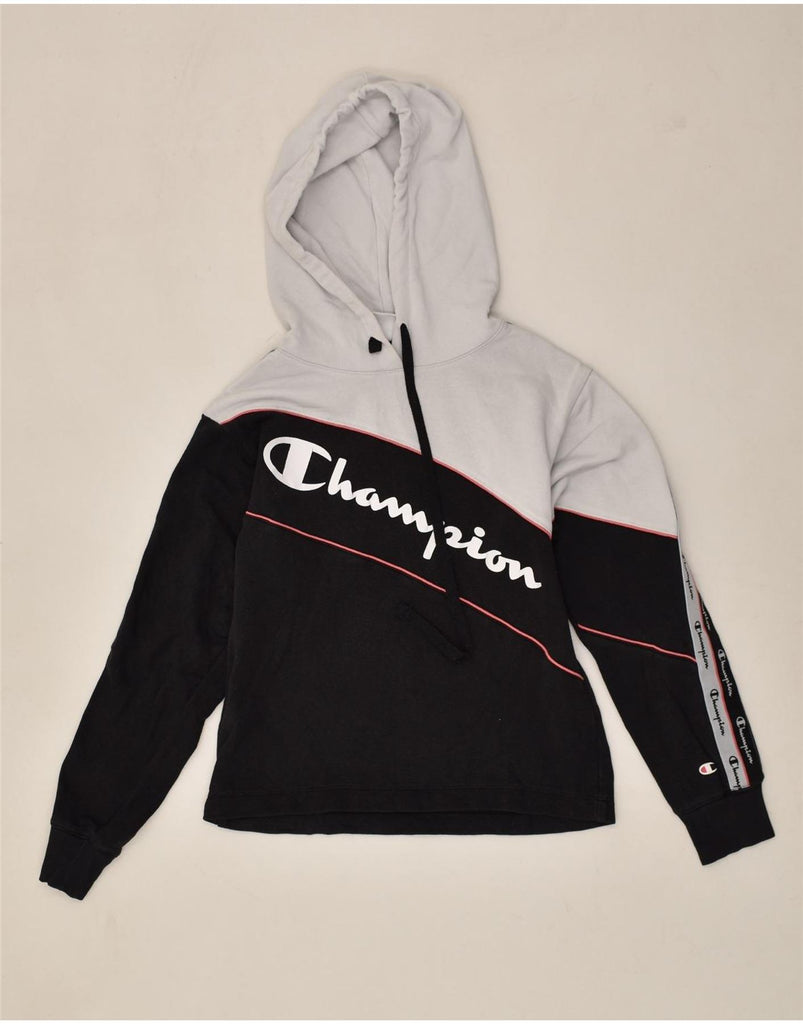 CHAMPION Womens Graphic Hoodie Jumper UK 14 Medium Black Colourblock | Vintage Champion | Thrift | Second-Hand Champion | Used Clothing | Messina Hembry 