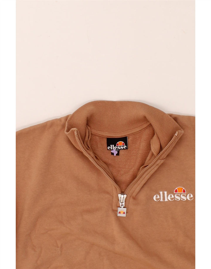 ELLESSE Girls Graphic Zip Neck Jumper Sweater 10-11 Years Brown Cotton Vintage Ellesse and Second-Hand Ellesse from Messina Hembry 