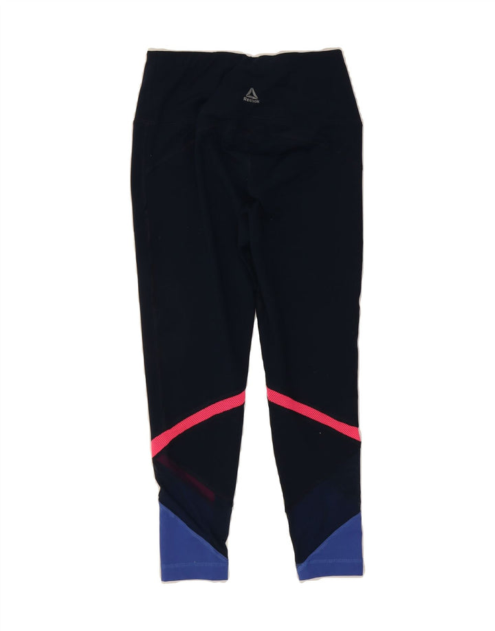 REEBOK Womens Crop Leggings UK 10 Small Navy Blue Colourblock Polyester Vintage Reebok and Second-Hand Reebok from Messina Hembry 