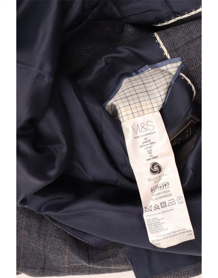 Marks & Spencer Mens 2 Button Blazer Jacket UK 42 XL Blue Check Wool