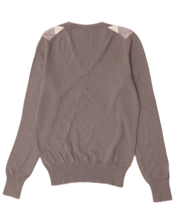 Benetton Womens V-Neck Jumper Sweater UK 10 Small Grey Argyle/Diamond