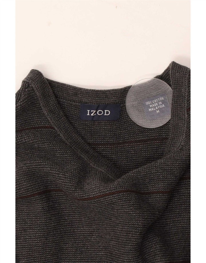 Izod Mens Crew Neck Jumper Sweater Medium Grey Striped Cotton