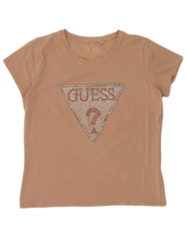 Guess Womens Crop Graphic T-Shirt Top UK 16 Large Beige Cotton