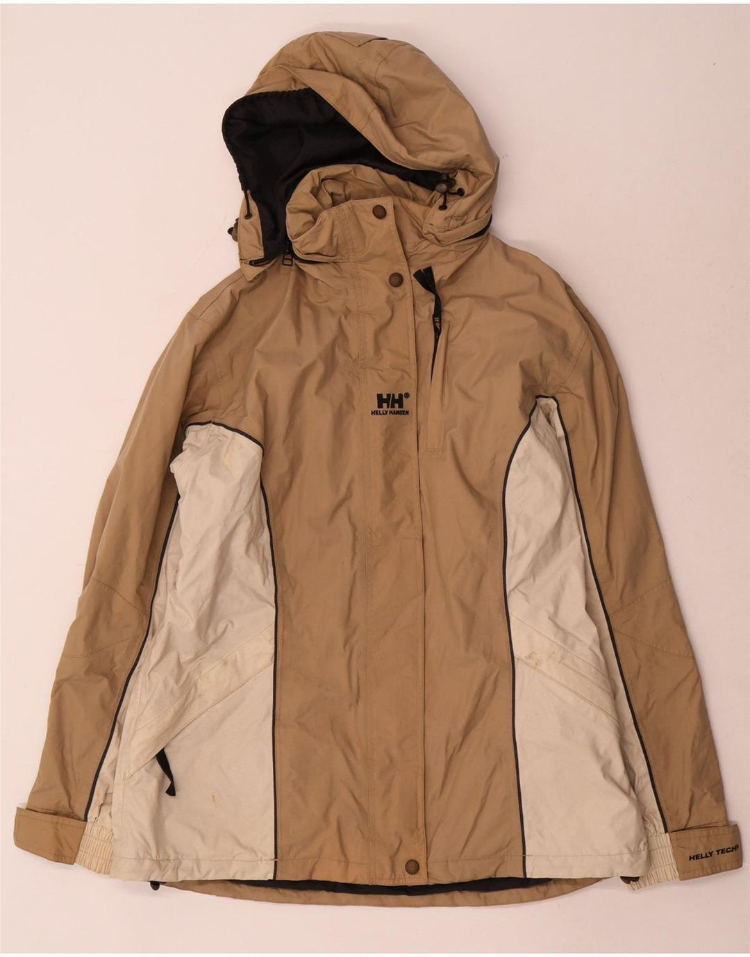 Helly Hansen Womens Hooded Rain Jacket UK 14 Medium Beige Colourblock Nylon