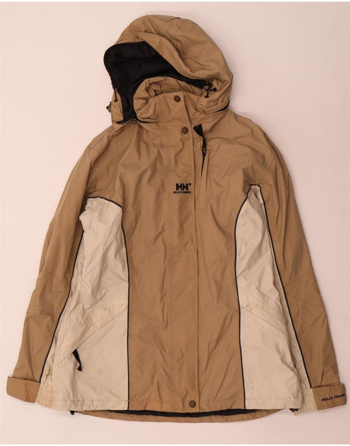 Helly Hansen Womens Hooded Rain Jacket UK 14 Medium Beige Colourblock Nylon