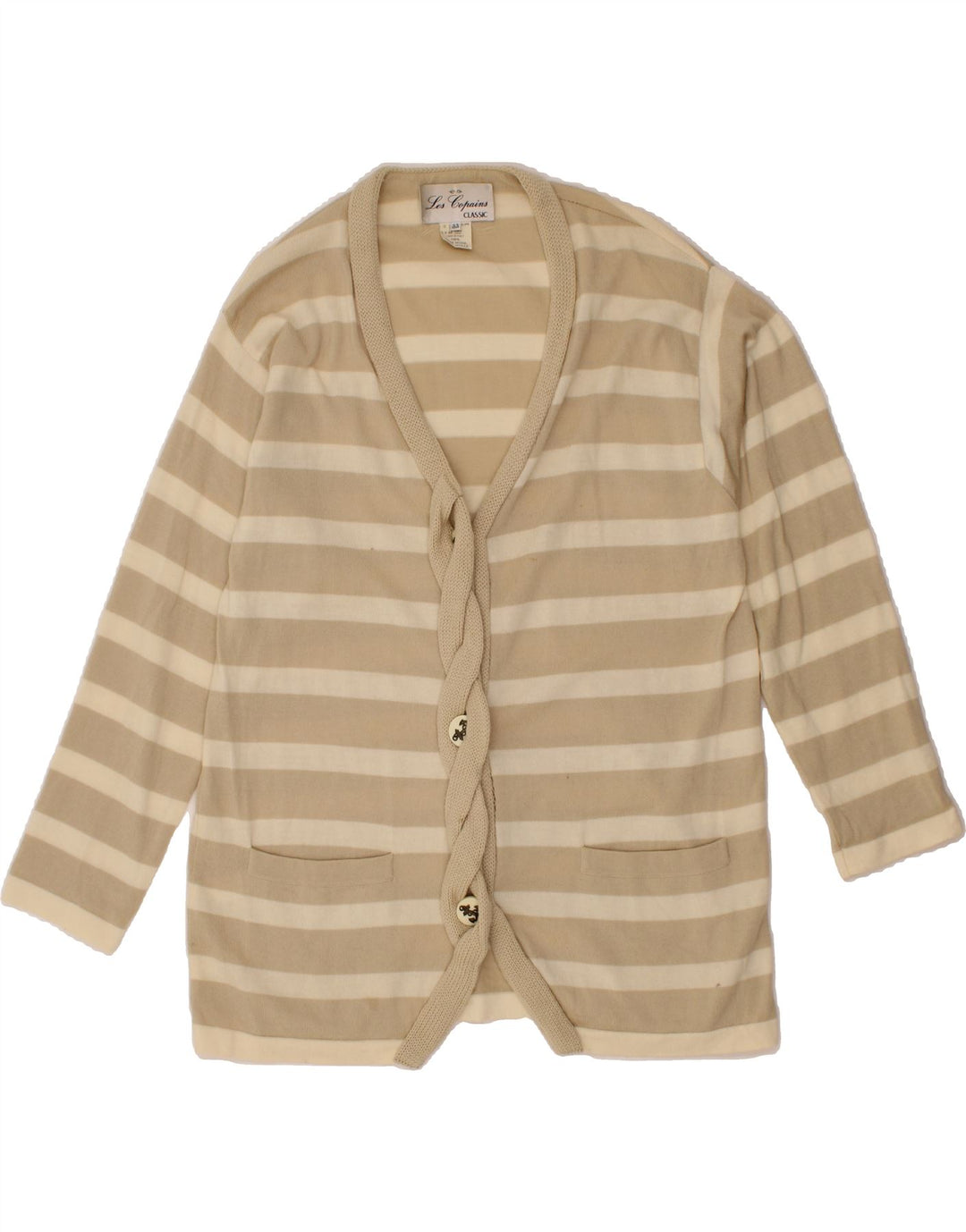 LES COPAINS Womens Cardigan Sweater IT 44 Medium Beige Striped Classic Vintage Les Copains and Second-Hand Les Copains from Messina Hembry 