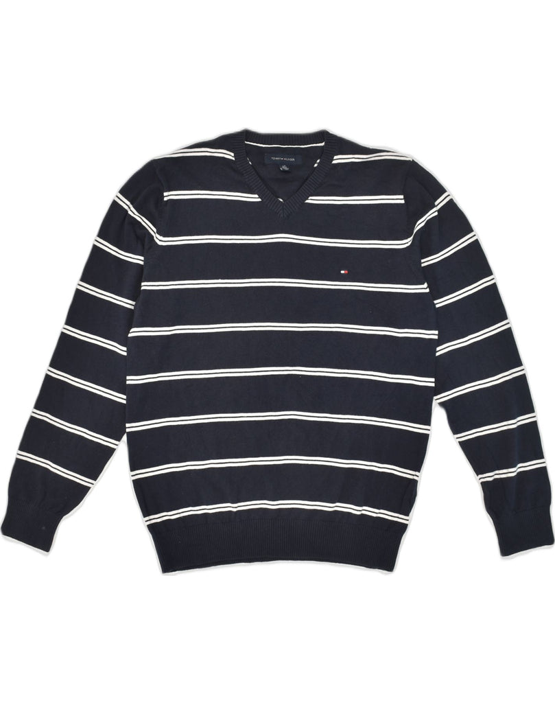 TOMMY HILFIGER Mens V-Neck Jumper Sweater Large Navy Blue Striped Cotton | Vintage Tommy Hilfiger | Thrift | Second-Hand Tommy Hilfiger | Used Clothing | Messina Hembry 