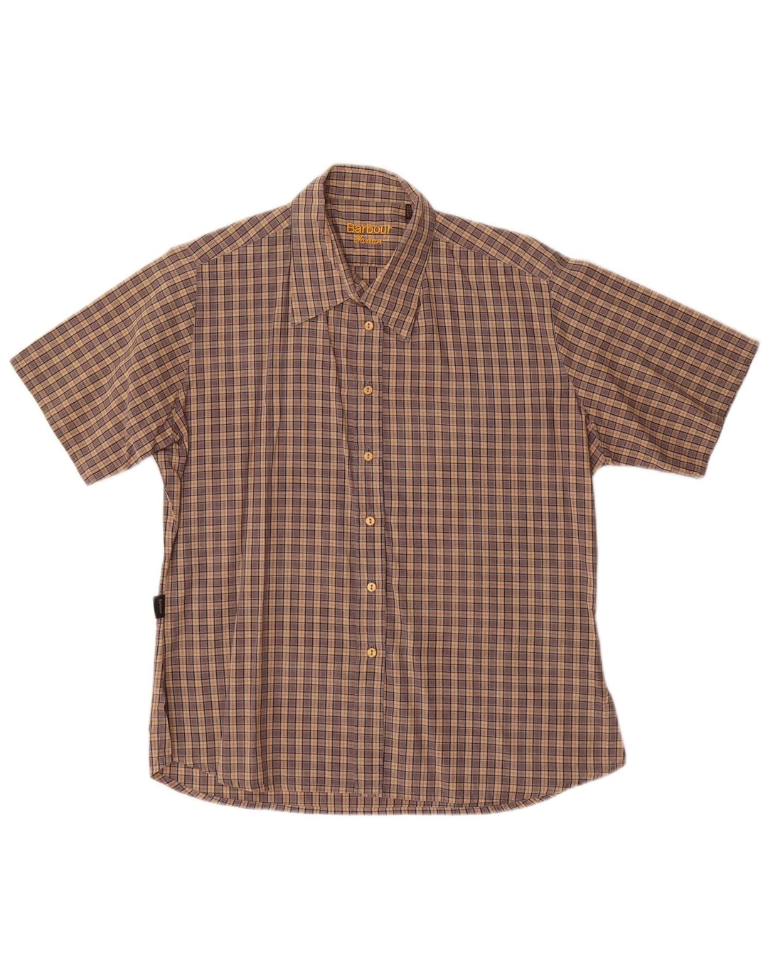Barbour Womens Short Sleeve Shirt UK 14 Large Brown Check Cotton