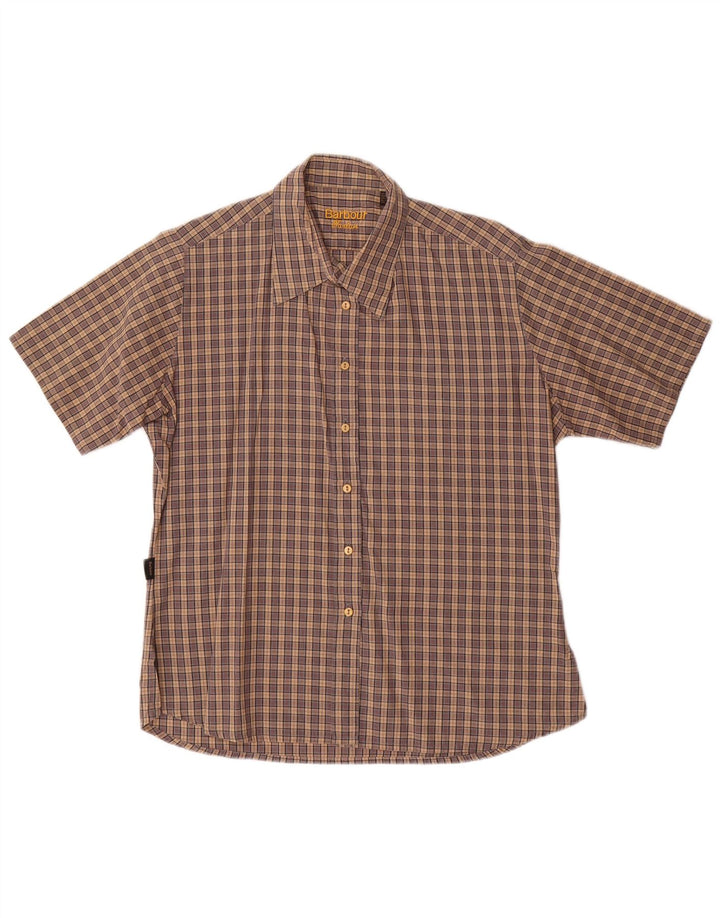 Barbour Womens Short Sleeve Shirt UK 14 Large Brown Check Cotton