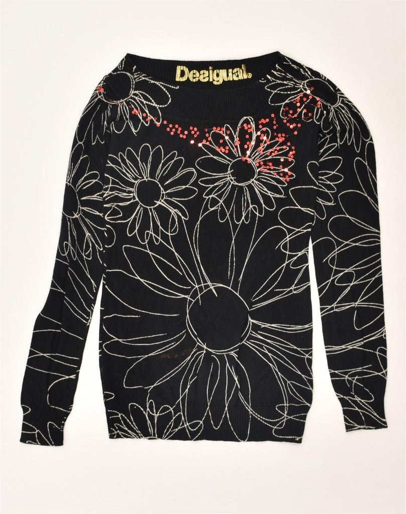 DESIGUAL Womens Graphic Boat Neck Jumper Sweater UK 8 Small Black Floral | Vintage Desigual | Thrift | Second-Hand Desigual | Used Clothing | Messina Hembry 