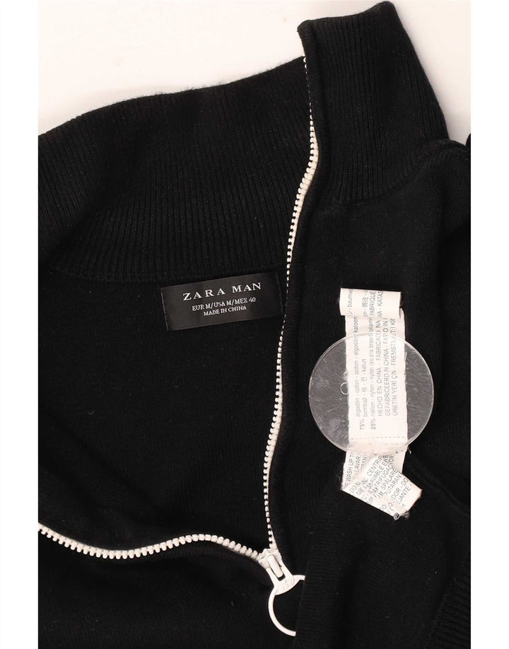 Zara Mens Zip Neck Jumper Sweater Medium Black Colourblock Cotton