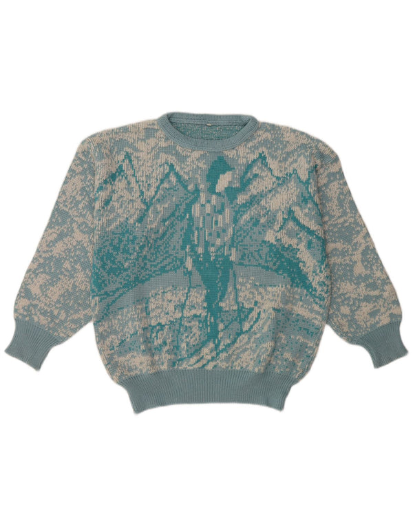 Vintage Womens Abstract Pattern Crew Neck Jumper Sweater UK 16 Large Blue