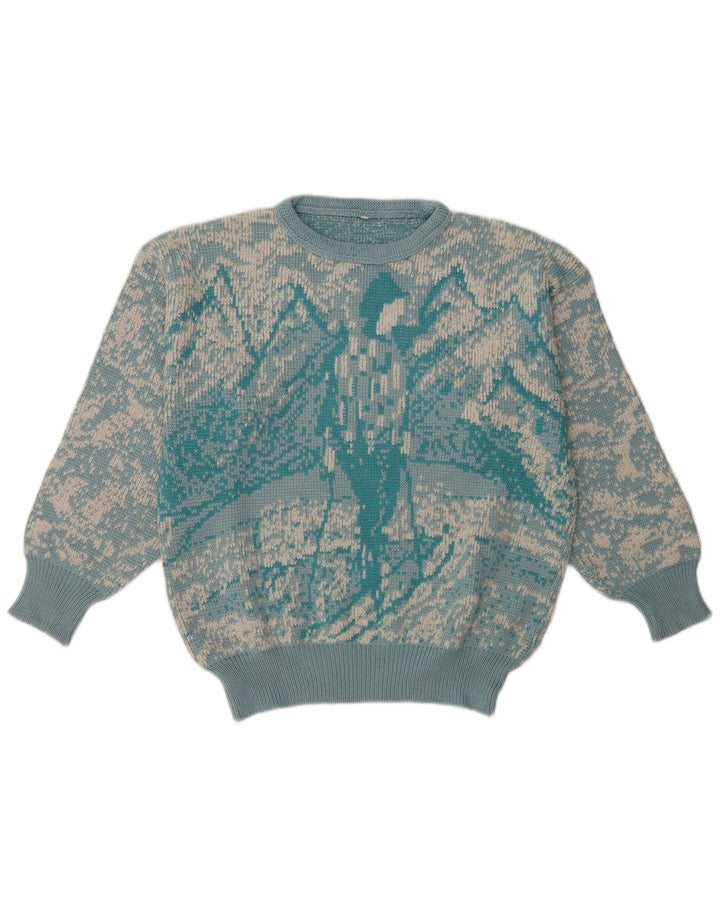 Vintage Womens Abstract Pattern Crew Neck Jumper Sweater UK 16 Large Blue