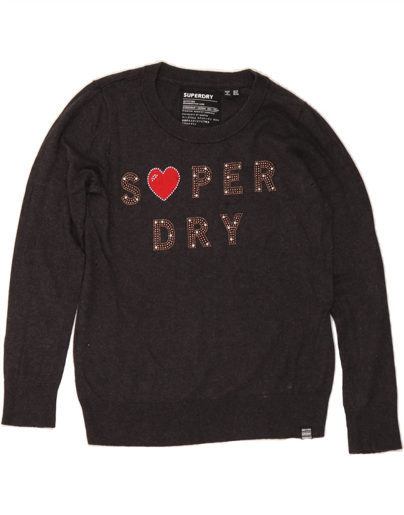 SUPERDRY Womens Graphic Boat Neck Jumper Sweater UK 12 Medium Grey Cotton Vintage Superdry and Second-Hand Superdry from Messina Hembry 