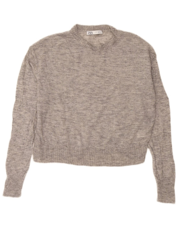 Zara Womens Crop Crew Neck Jumper Sweater  UK 18 XL Grey Flecked Wool
