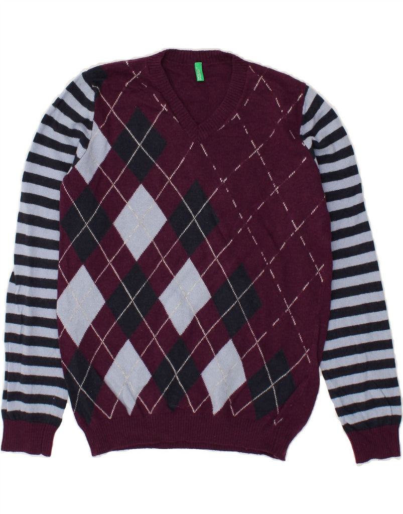 BENETTON Boys V-Neck Jumper Sweater 10-11 Years XL Maroon Argyle/Diamond | Vintage Benetton | Thrift | Second-Hand Benetton | Used Clothing | Messina Hembry 