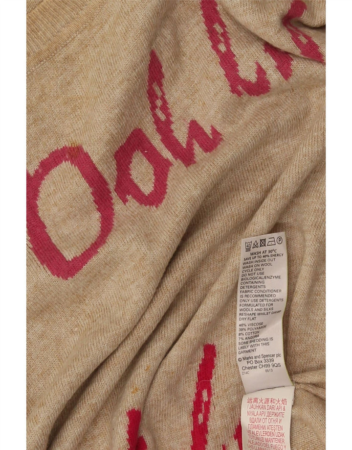 Marks & Spencer Womens Graphic Boat Neck Jumper Sweater UK 12 Medium Beige